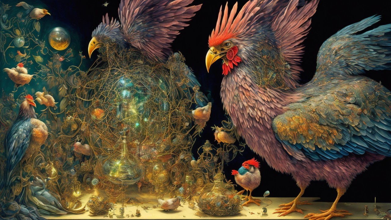 Oversized roosters and chicks in a fantasy setting
