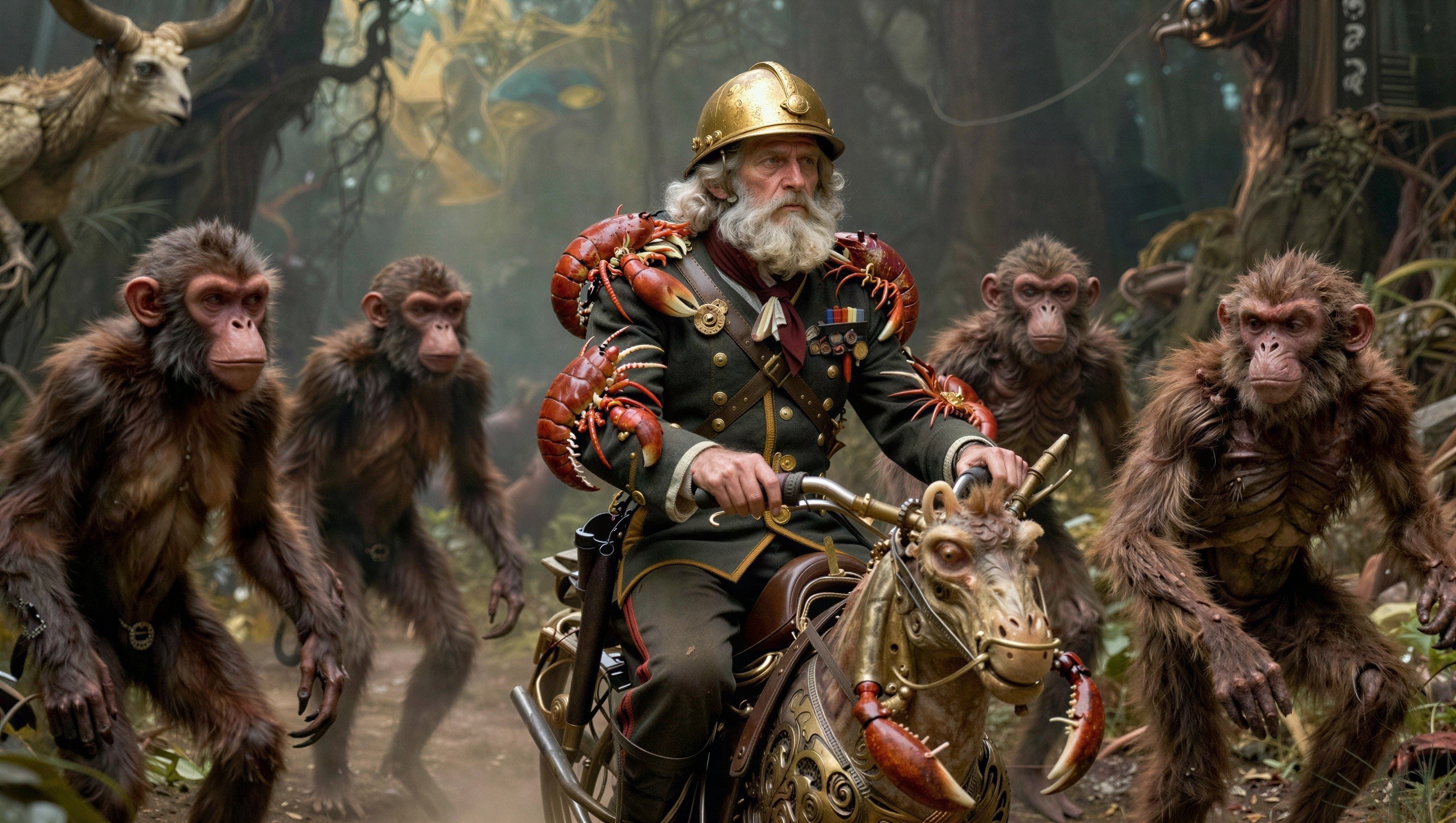 Steampunk Scene of a Bearded Man on Mechanical Horse
