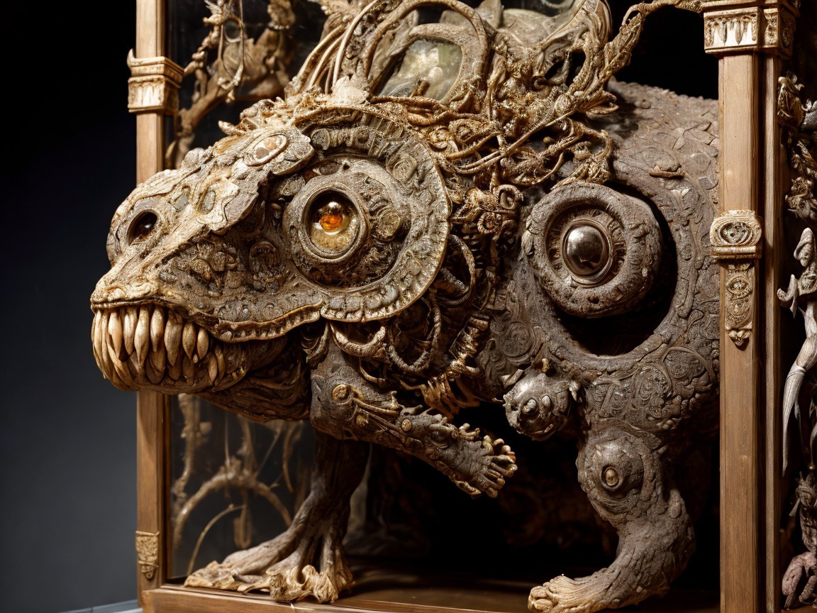 Intricate Mechanical Lizard Creature in Glass Display
