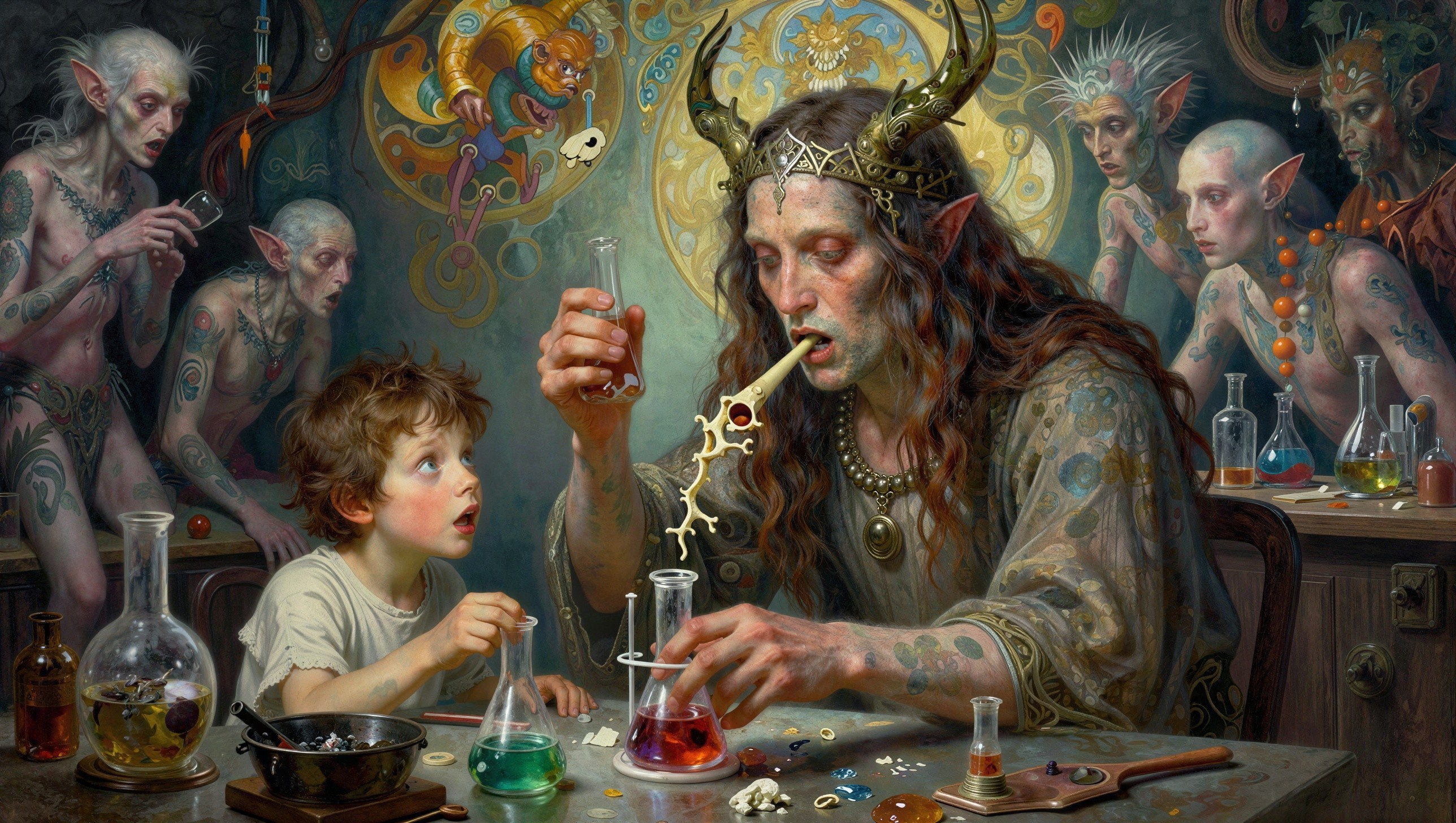 Vibrant Oil Painting of a Fantastical Alchemy Scene