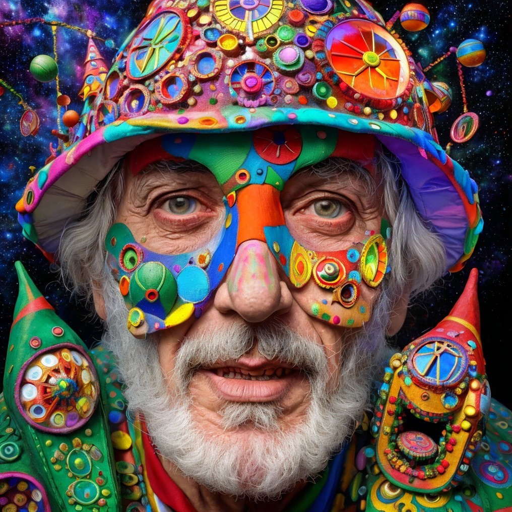 Whimsical Figure in Colorful Attire Against Cosmic Background