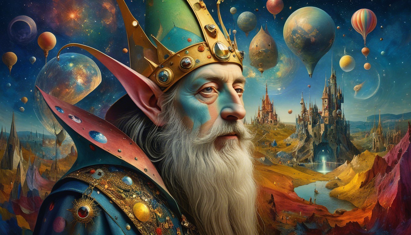Majestic King in Ethereal Landscape with Floating Castles