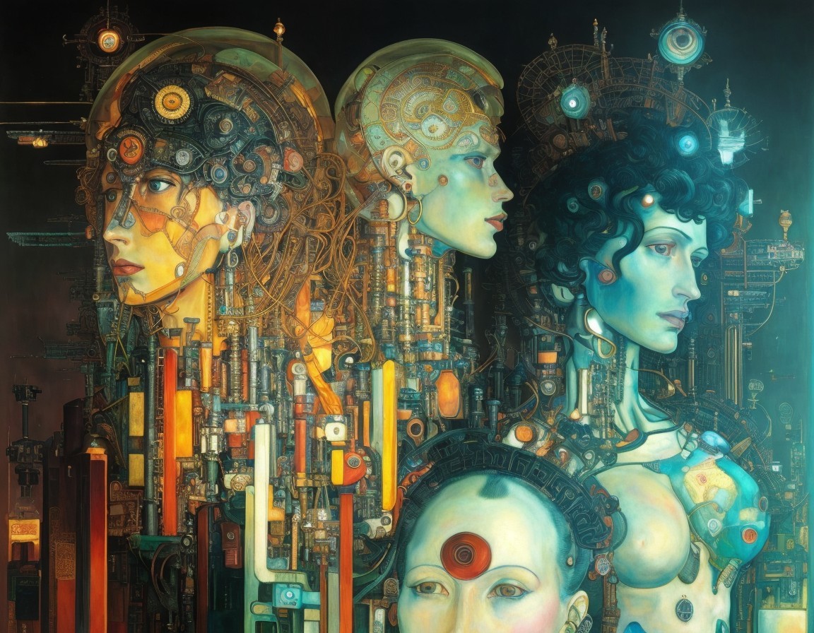 Stylized Female Figures Merging Humanity and Machinery