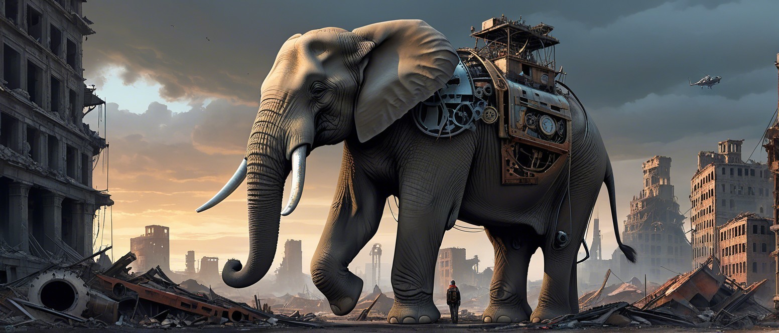 Mechanical Elephant in Ruins at Sunset