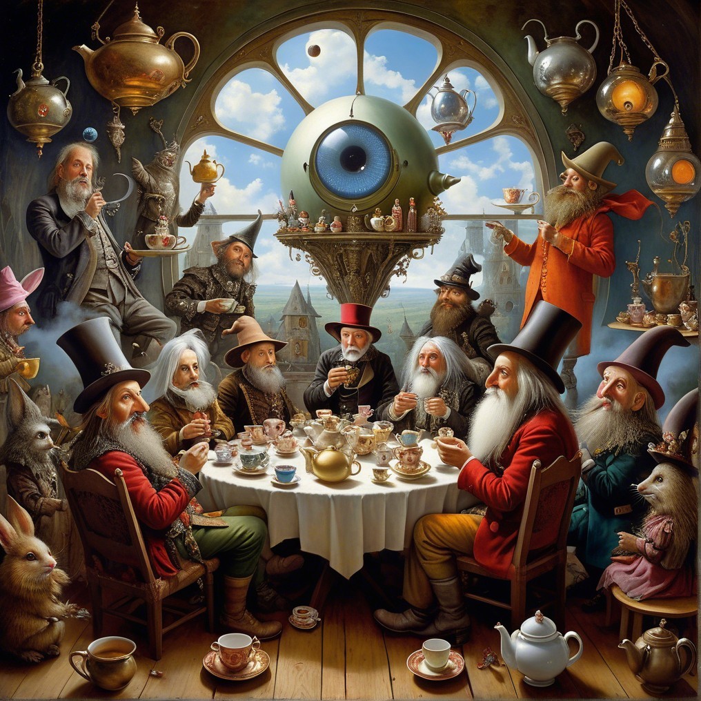 Whimsical Tea Party with Elderly Wizards and Characters