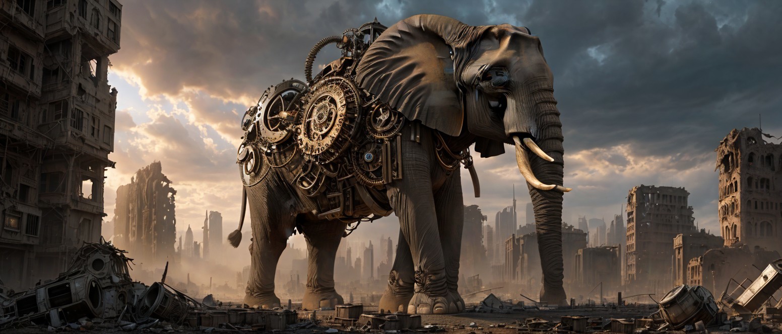 Mechanical Elephant in a Post-Apocalyptic Cityscape