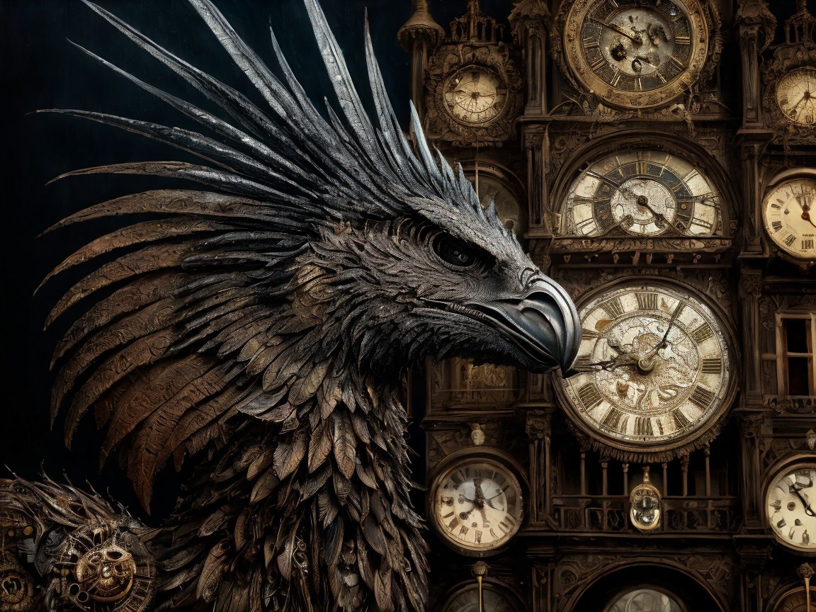 Intricate Eagle Design with Vintage Steampunk Clocks