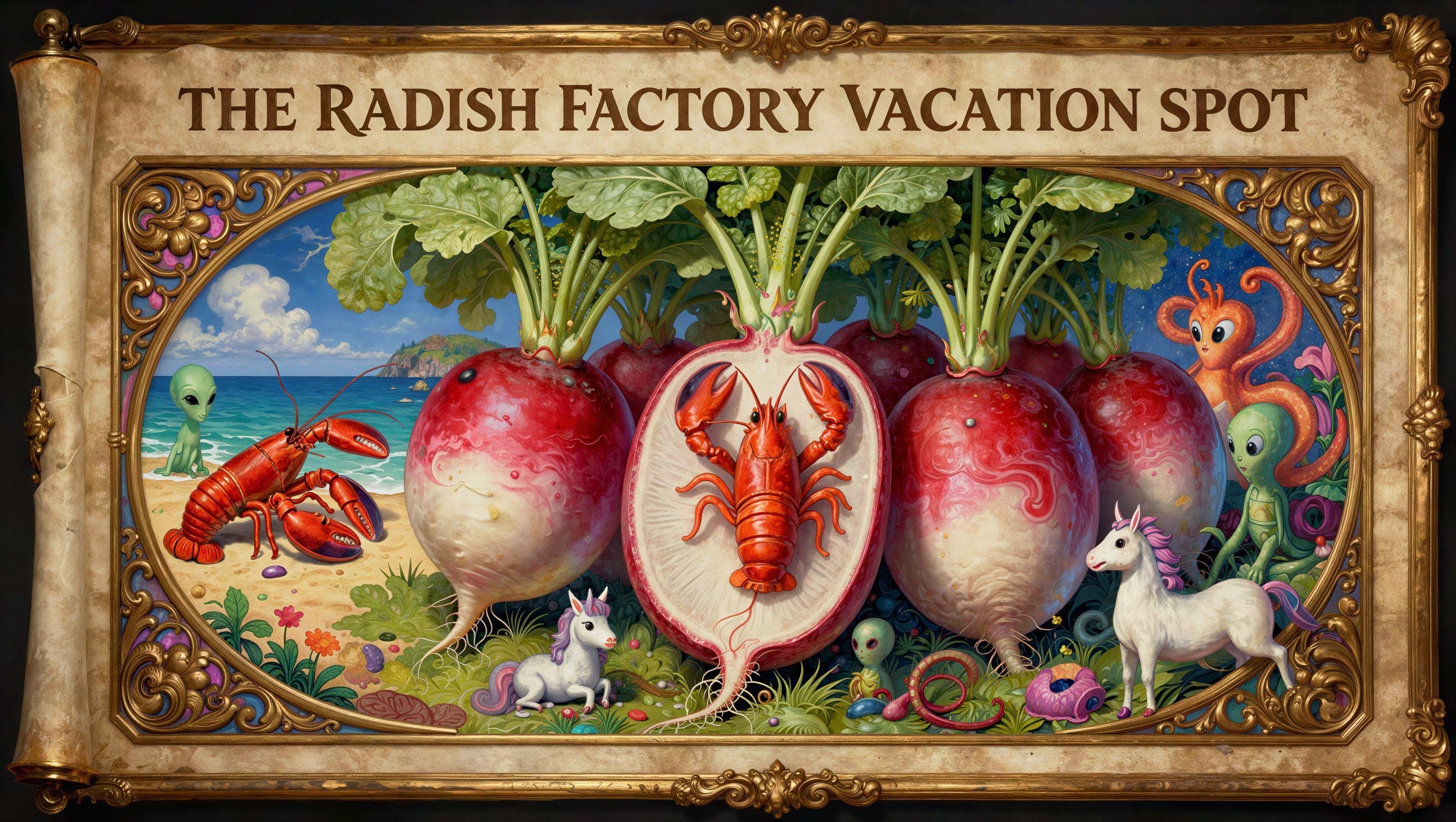 Whimsical Illustration of a Surreal Radish Landscape