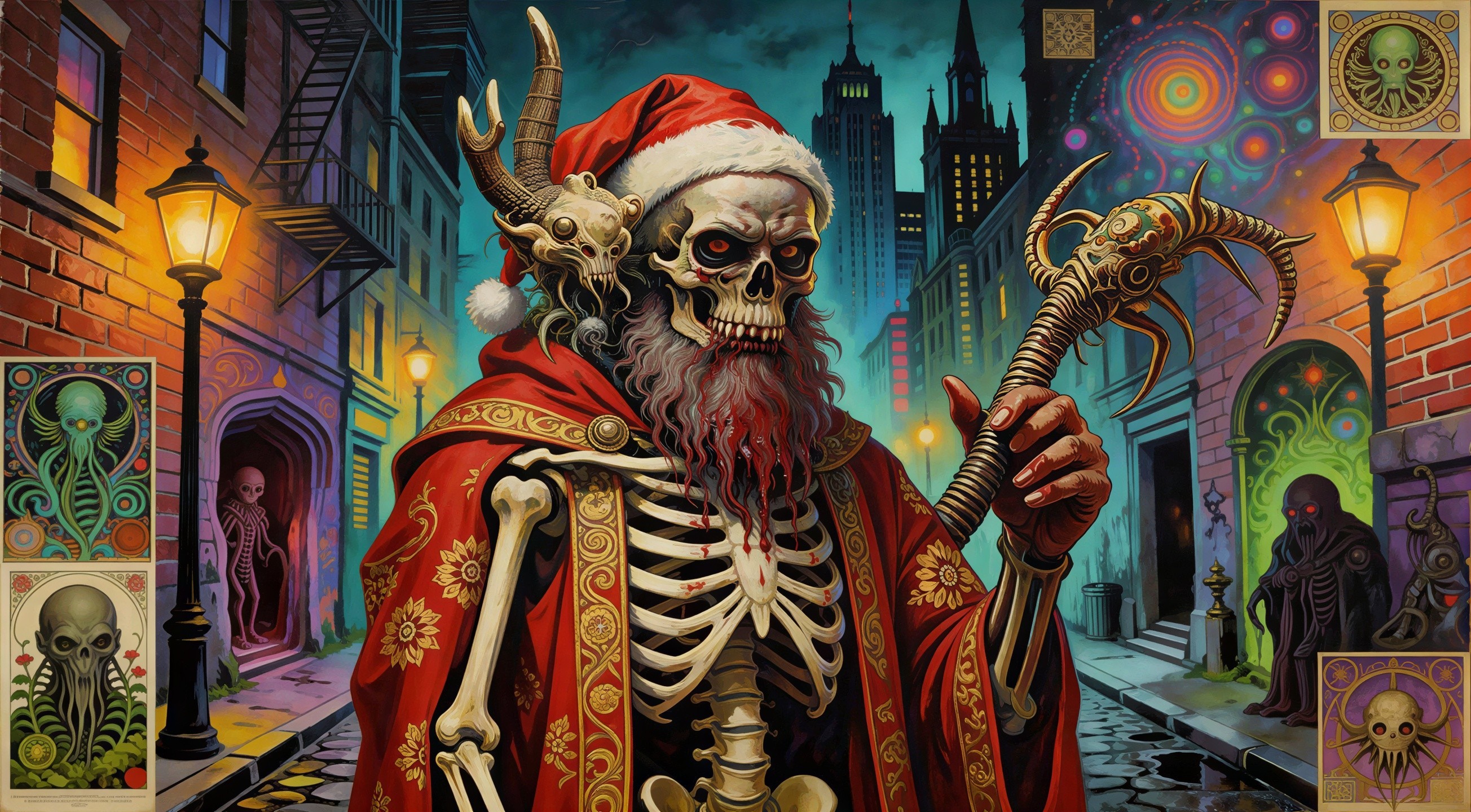 Skeletal Santa Claus Illustration in Urban Night Scene