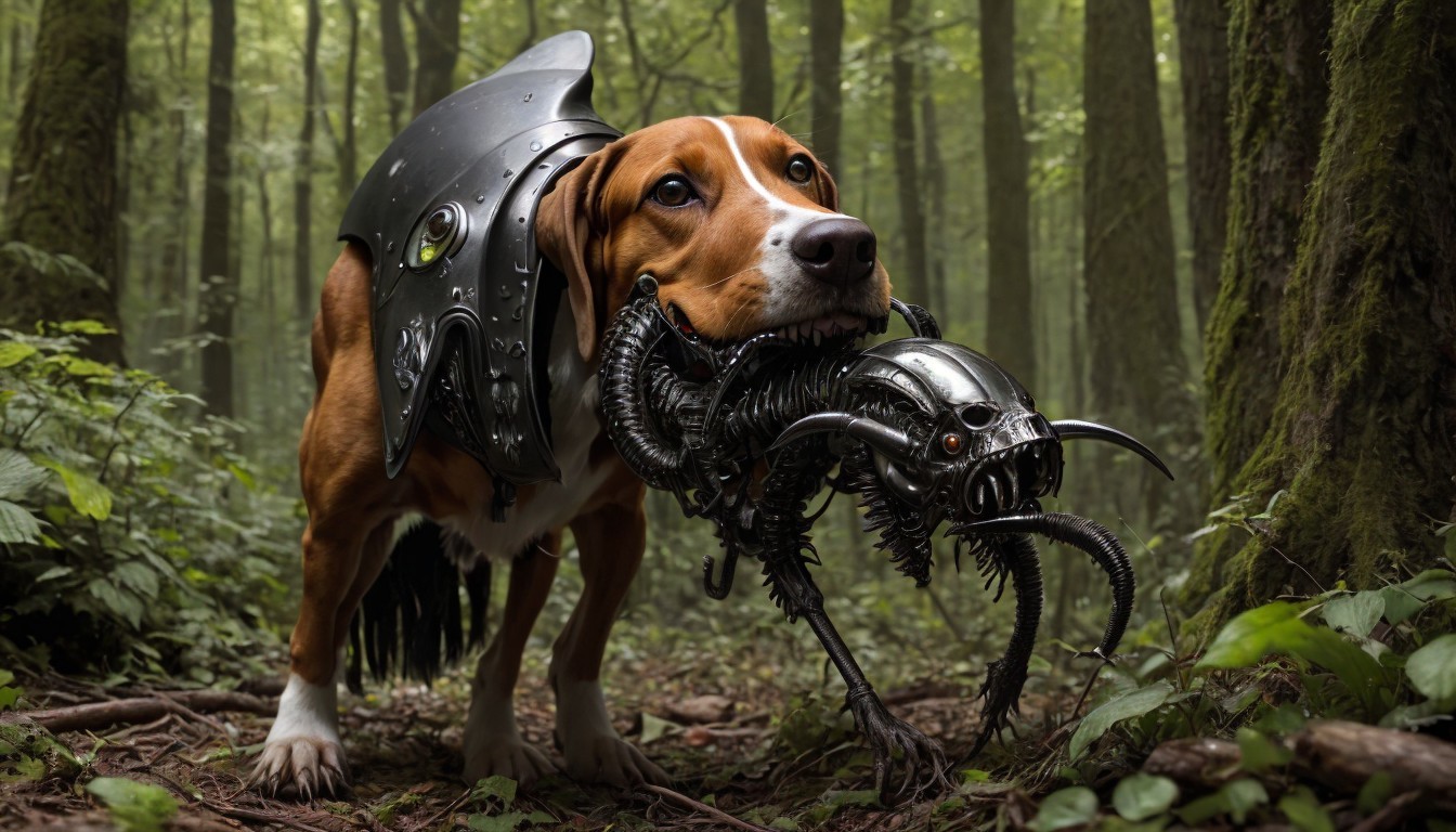 Beagle in Armor with Robotic Creature in Forest