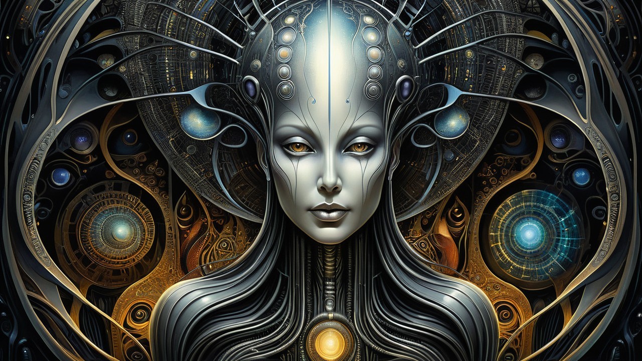 Futuristic humanoid figure with metallic face and designs