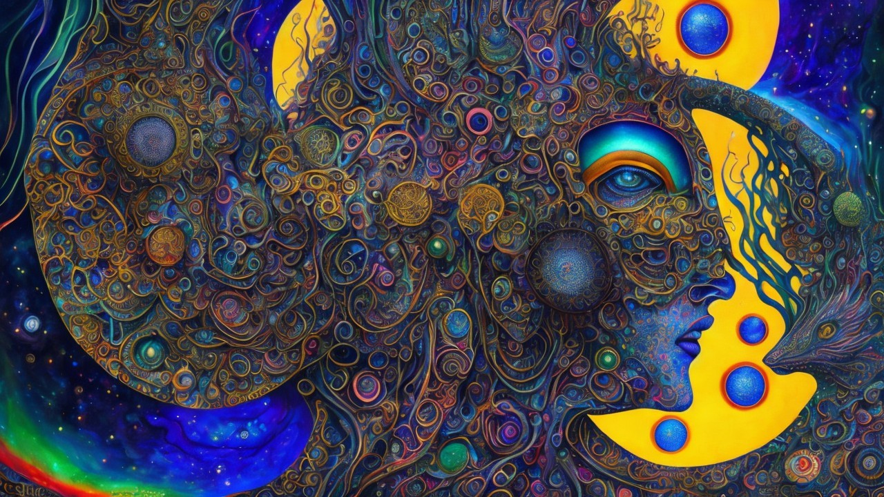 Mystical Abstract Figure in Vibrant Cosmic Background