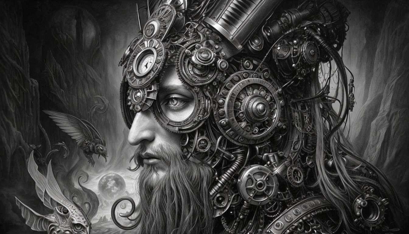 Monochromatic Steampunk Portrait with Mystical Background