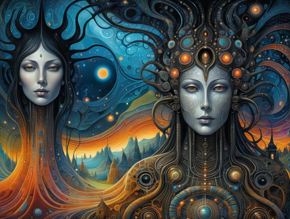 Ethereal Figures in Vibrant Otherworldly Landscape