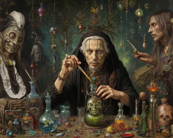 Alchemists Creating Potions at a Long Table