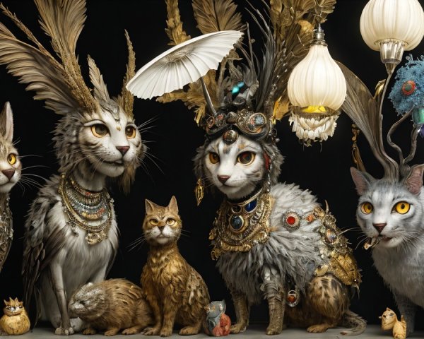 Whimsical Gathering of Elegantly Adorned Felines