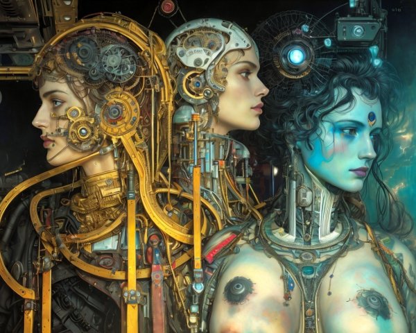 Stylized Female Figures with Human-Robotic Fusion