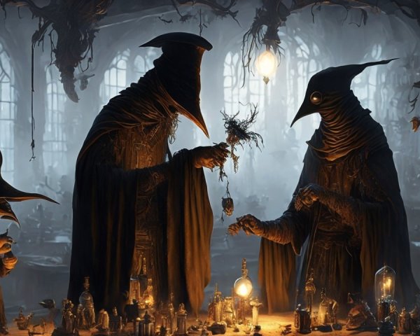 Mystical Laboratory with Hooded Figures and Ancient Herb