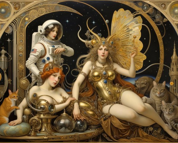Neo-classical painting of women in space attire and setting