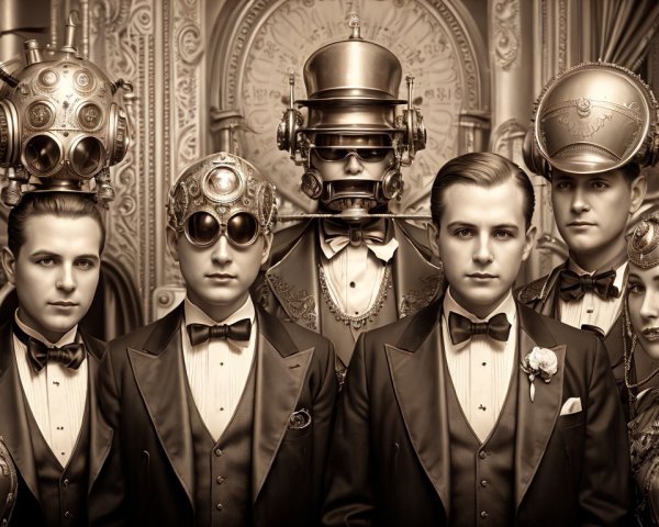 Elegant Group in Vintage Steampunk Attire and Setting