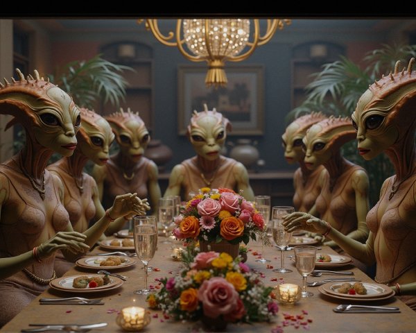 Seven Aliens Dining in a Lavish Room Setting