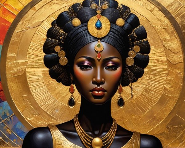 Close-up Portrait of a Black Woman in Gold Headdress