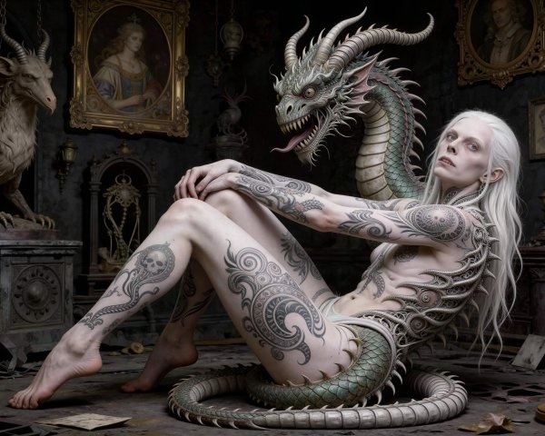 Female model with tattoos in dark fantasy setting