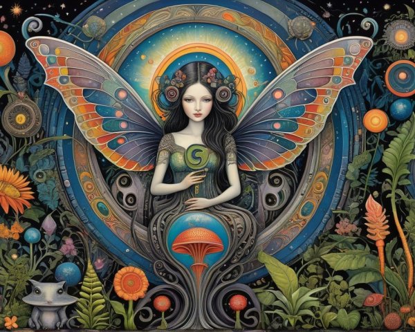 Whimsical Scene of Girl with Butterfly Wings and Nature