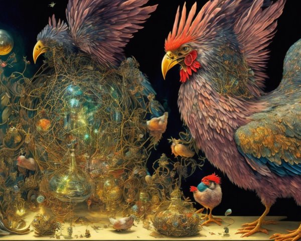 Oversized roosters and chicks in a fantasy setting