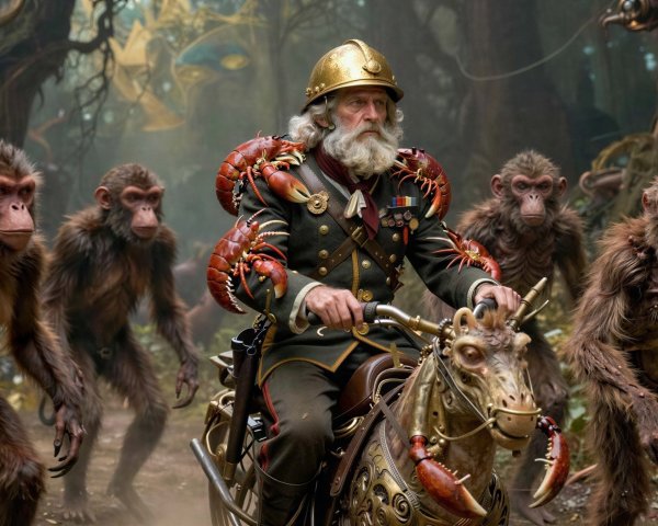 Steampunk Scene of a Bearded Man on Mechanical Horse