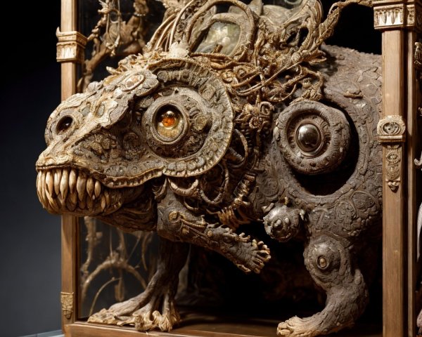 Intricate Mechanical Lizard Creature in Glass Display