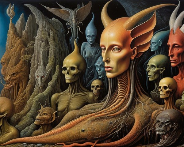Dark Fantastical Painting with Strange Creatures and Skulls