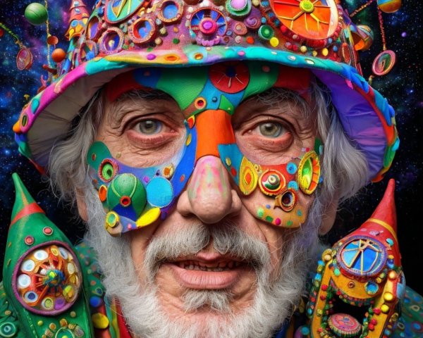 Whimsical Figure in Colorful Attire Against Cosmic Background