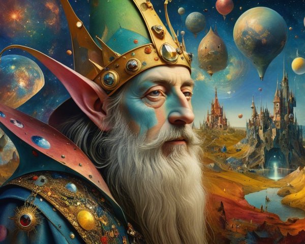 Majestic King in Ethereal Landscape with Floating Castles