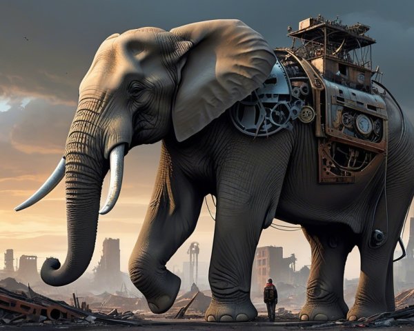 Mechanical Elephant in Ruins at Sunset