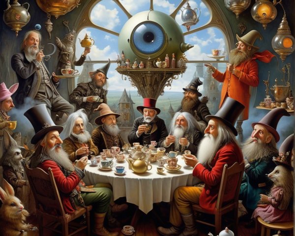Whimsical Tea Party with Elderly Wizards and Characters