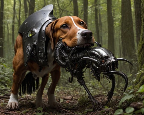 Beagle in Armor with Robotic Creature in Forest