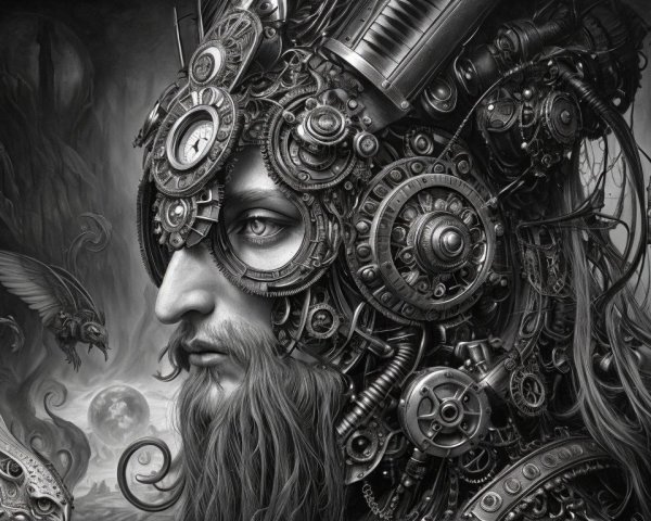 Monochromatic Steampunk Portrait with Mystical Background