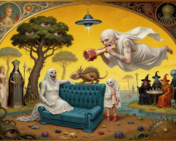 Surreal Illustration with Golden Sky and Fantastical Elements