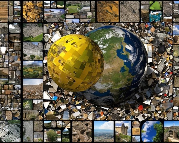 3D Earth Globe and Golden Disco Ball Collage Description