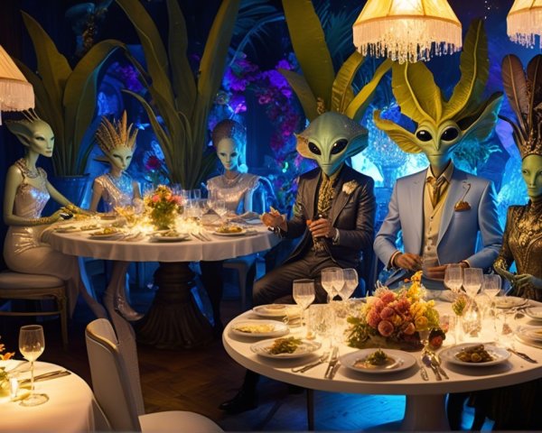 Futuristic Dinner Party with Extraterrestrial Beings