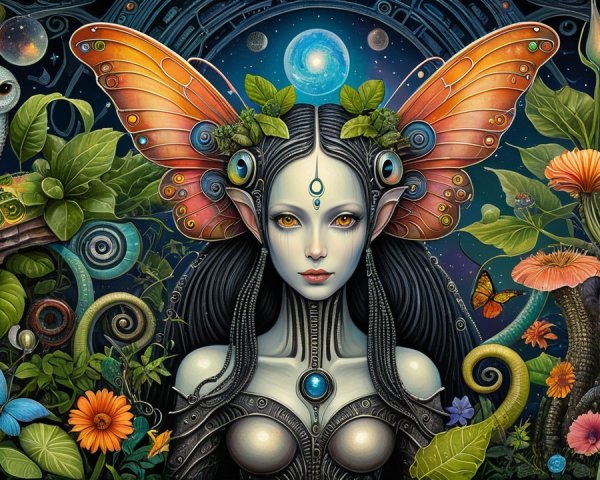 Mystical Figure with Butterfly Wings in Cosmic Scene