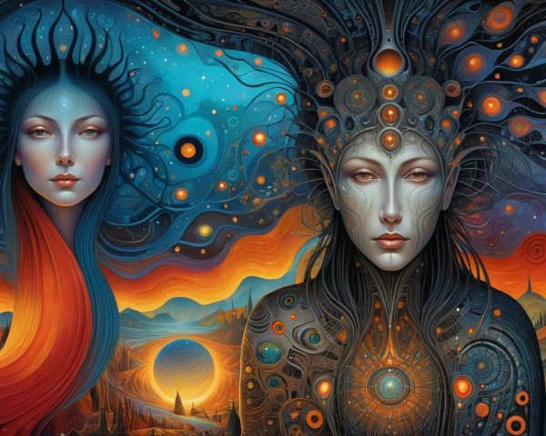 Surreal Landscape with Ethereal Figures and Cosmic Elements