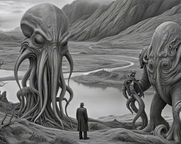Surreal Landscape with Tentacled Entities and Figure