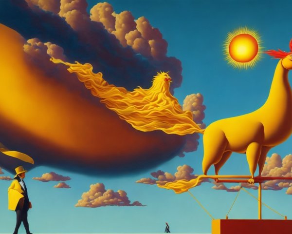 Surreal Landscape with Giant Yellow Chicken Sculpture