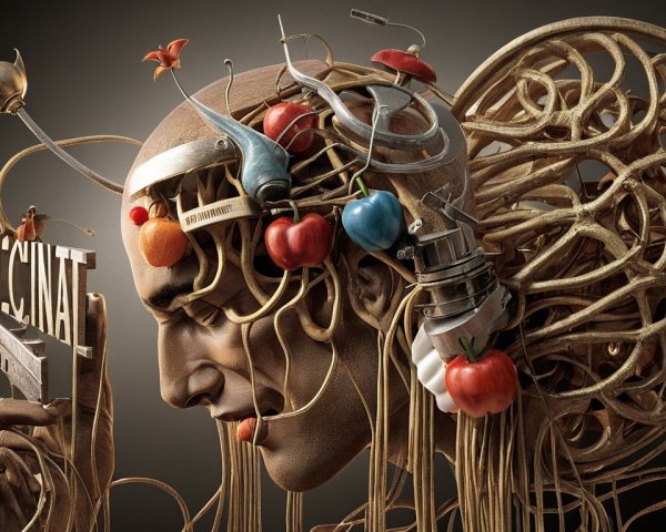 Surreal Human Head with Organic and Mechanical Elements