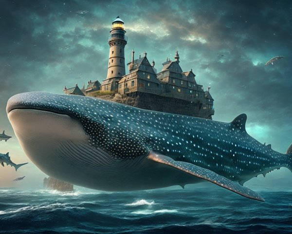 Whale with Lighthouse in a Vibrant Ocean Scene