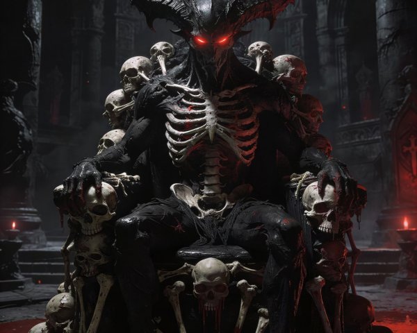 Demonic Figure on Throne of Skulls and Blood Pool
