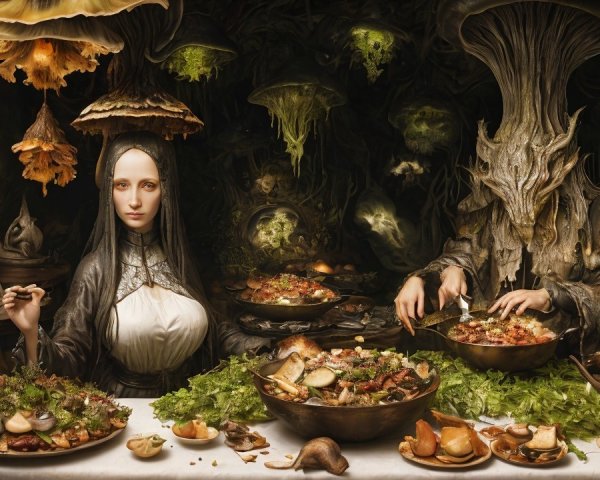 Mystical Forest Scene with Exotic Dishes and Figures