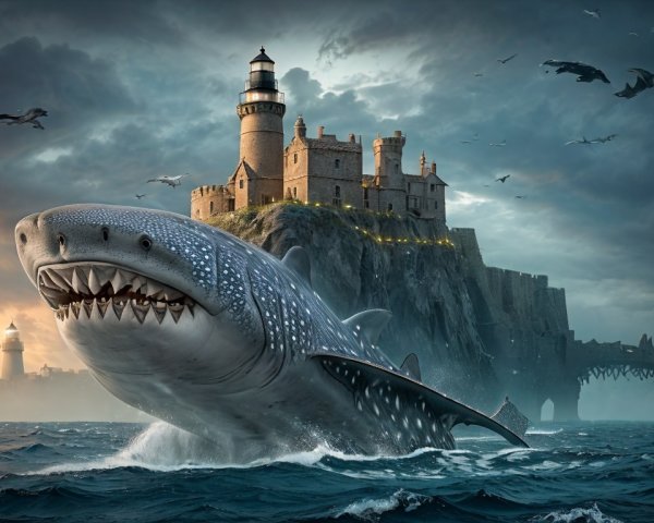 Colossal Shark Breaches Near Castle in Dramatic Seascape